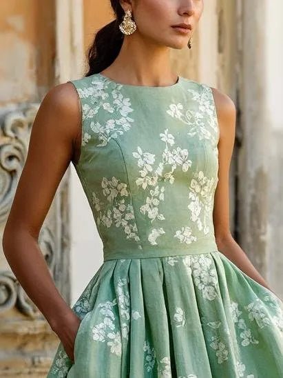 Women's Floral Linen Cotton-Blend Sleeveless Midi Dress