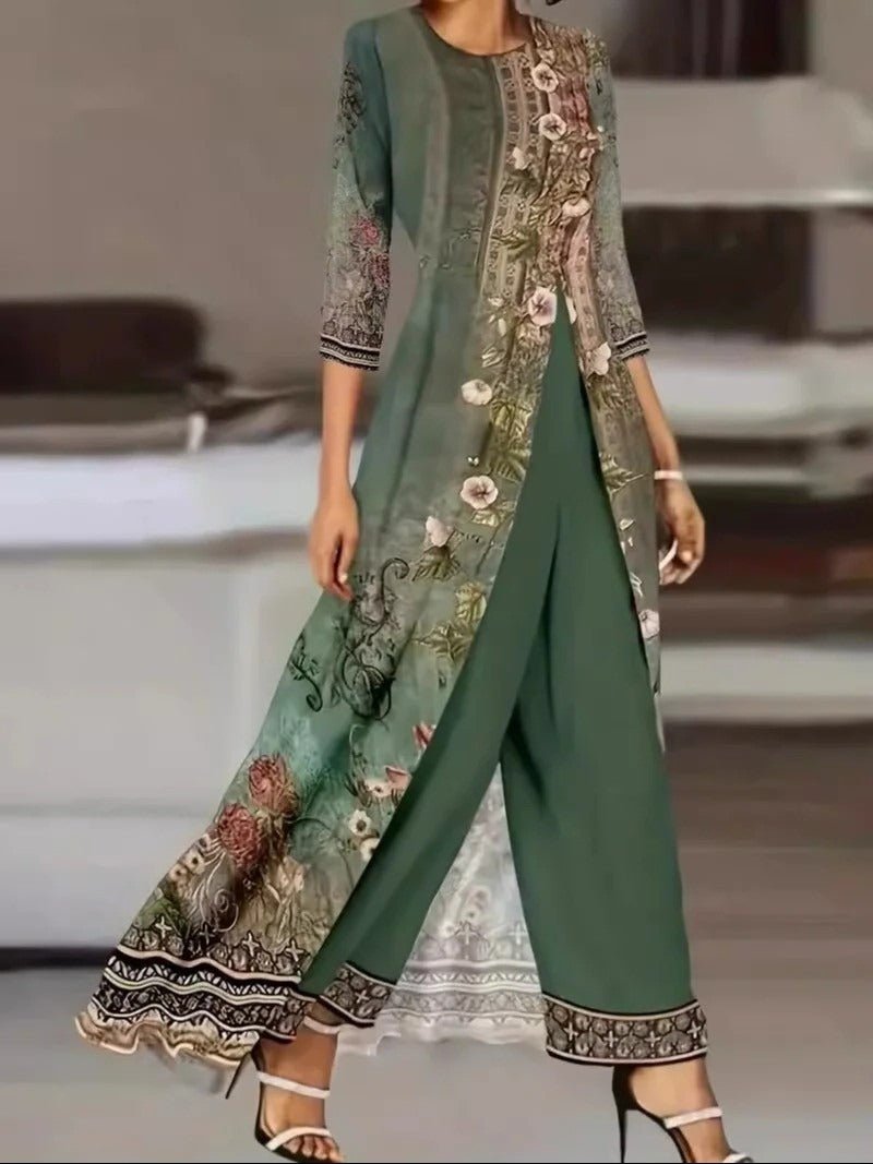 Women's Floral Print Long Overlay Top Wide-Leg Pants Two-Piece Set - Green