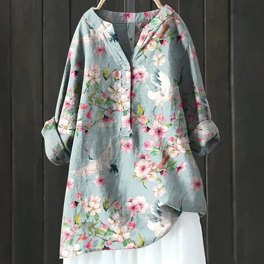 Women's Floral Print Relaxed-Fit Button-Up Tunic Top - Light Blue