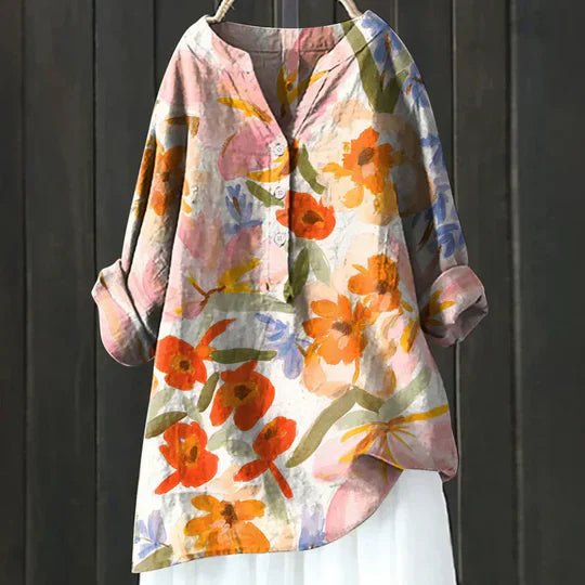 Women's Floral Print Relaxed-Fit Button-Up Tunic Top - Orange