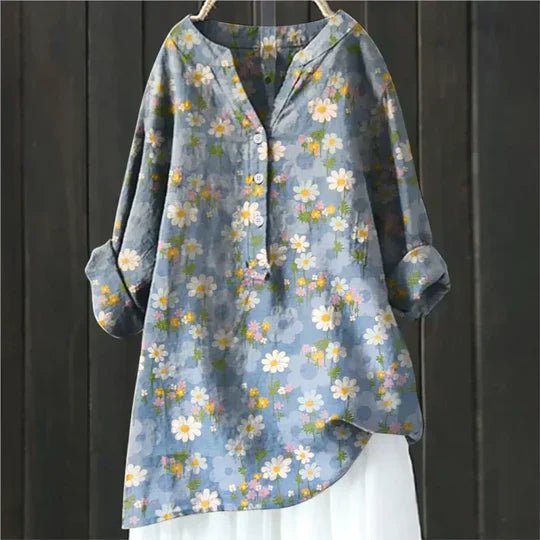 Women's Floral Print Relaxed-Fit Button-Up Tunic Top - Blue