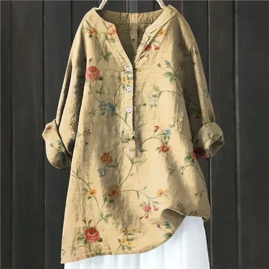 Women's Floral Print Relaxed-Fit Button-Up Tunic Top - Yellow
