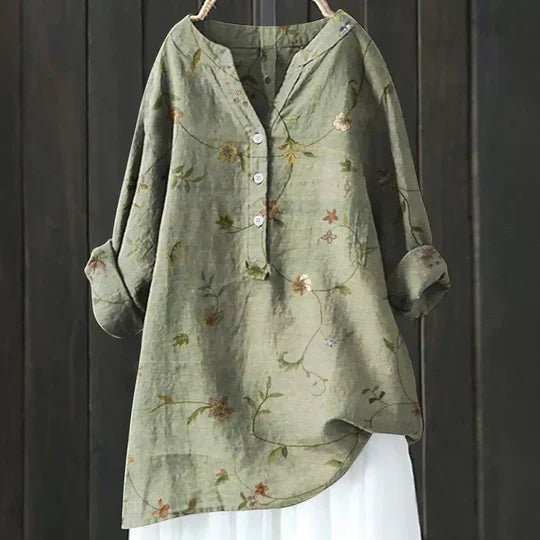 Women's Floral Print Relaxed-Fit Button-Up Tunic Top - Green