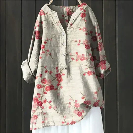 Women's Floral Print Relaxed-Fit Button-Up Tunic Top - Red