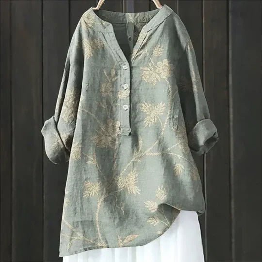 Women's Floral Print Relaxed-Fit Button-Up Tunic Top - Light Green