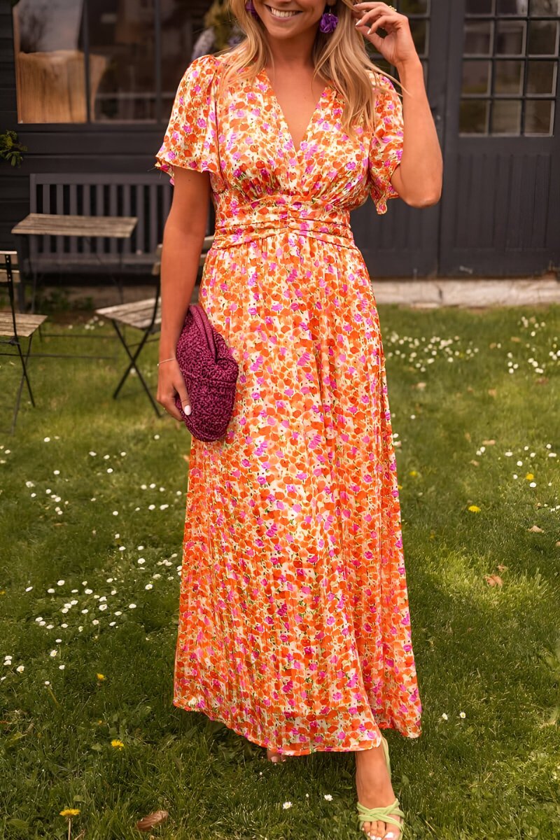 Women's Floral Print V-Neck Short Sleeve Maxi Dress - Oranje