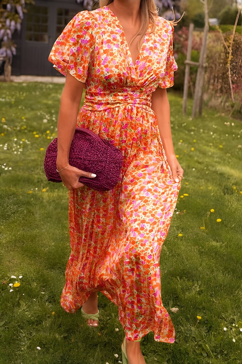 Women's Floral Print V-Neck Short Sleeve Maxi Dress
