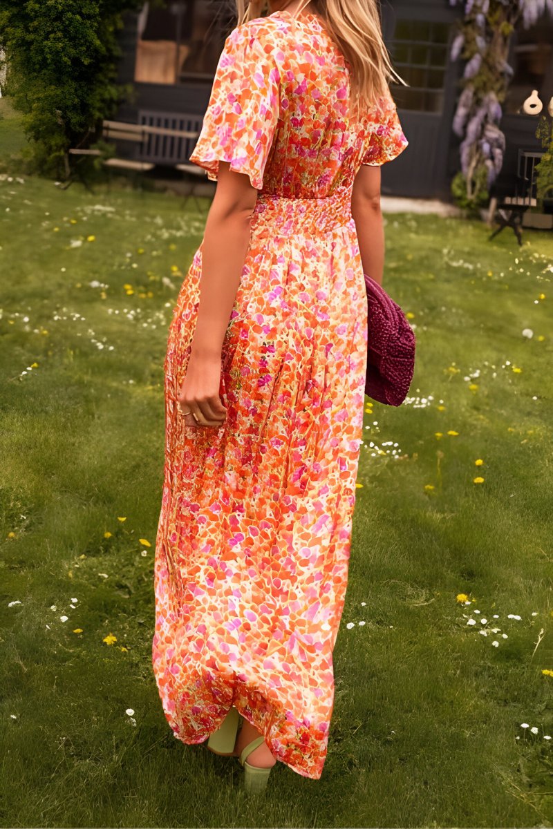 Women's Floral Print V-Neck Short Sleeve Maxi Dress