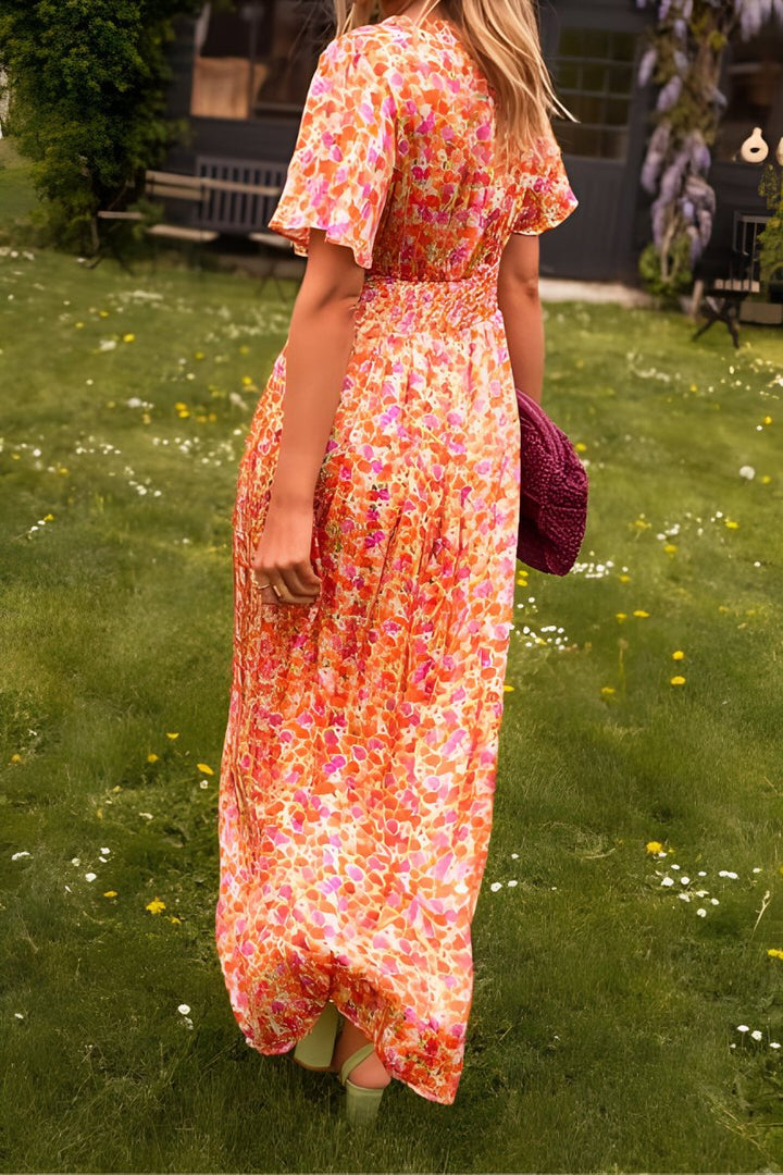 Women's Floral Print V-Neck Short Sleeve Maxi Dress