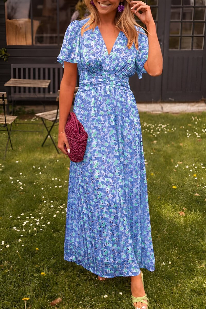 Women's Floral Print V-Neck Short Sleeve Maxi Dress - Blauw