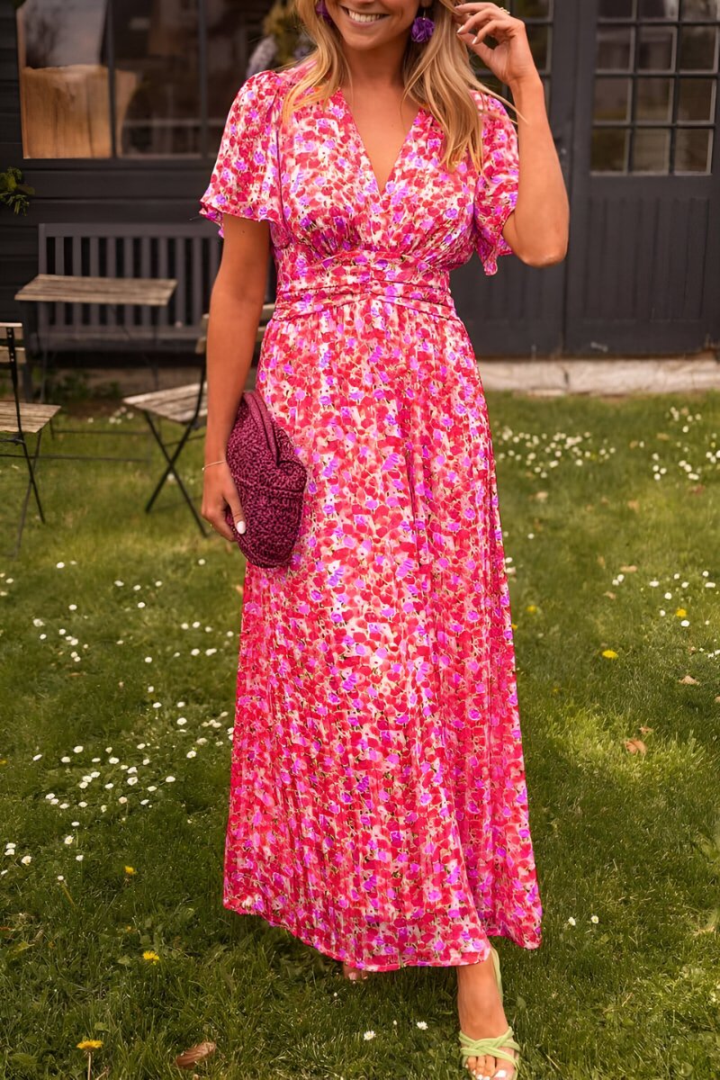 Women's Floral Print V-Neck Short Sleeve Maxi Dress - Roze