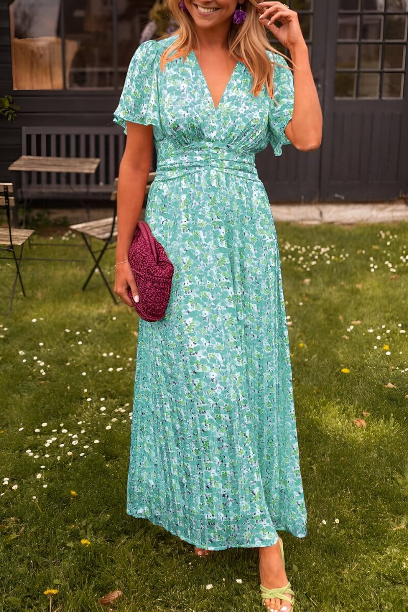 Women's Floral Print V-Neck Short Sleeve Maxi Dress - Groen