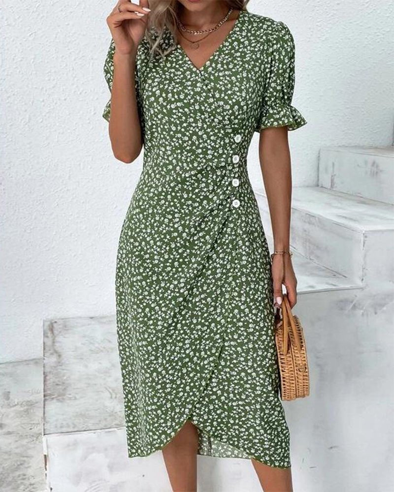 Women's Floral Short-Sleeve Side-Button Wrap Midi Dress - Green
