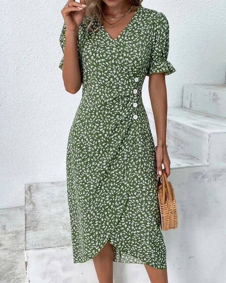 Women's Floral Short-Sleeve Side-Button Wrap Midi Dress - Green