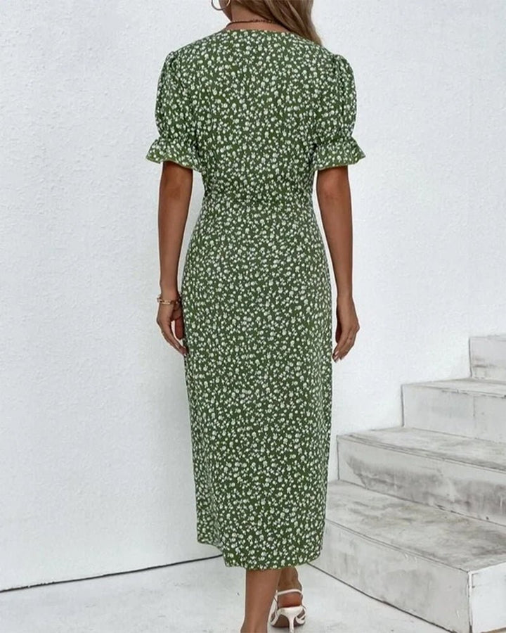 Women's Floral Short-Sleeve Side-Button Wrap Midi Dress