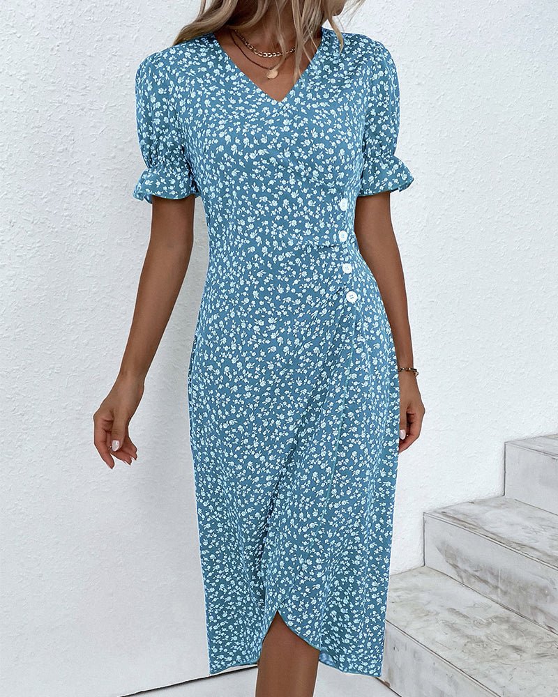 Women's Floral Short-Sleeve Side-Button Wrap Midi Dress - Blue
