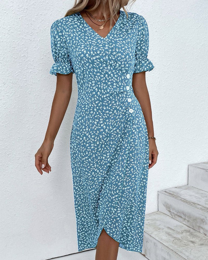 Women's Floral Short-Sleeve Side-Button Wrap Midi Dress - Blue
