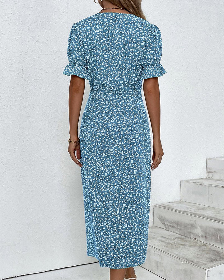 Women's Floral Short-Sleeve Side-Button Wrap Midi Dress