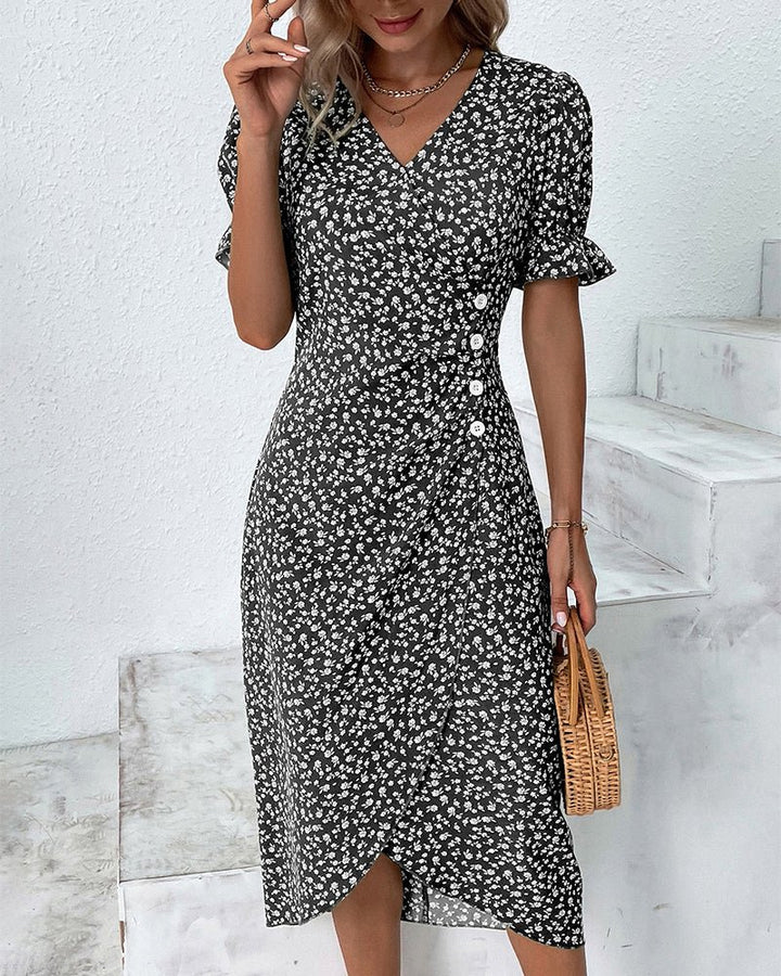 Women's Floral Short-Sleeve Side-Button Wrap Midi Dress - Black