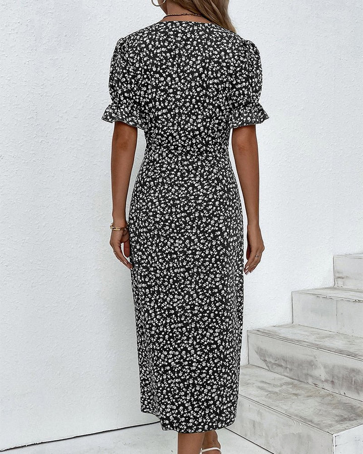 Women's Floral Short-Sleeve Side-Button Wrap Midi Dress