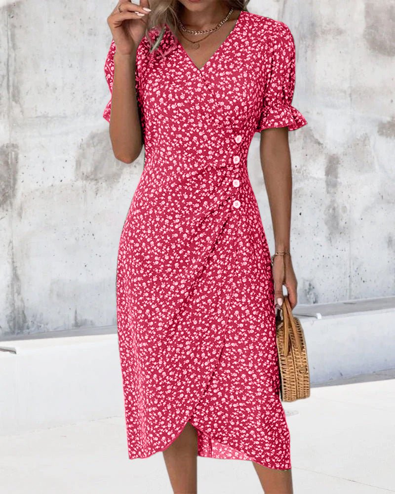 Women's Floral Short-Sleeve Side-Button Wrap Midi Dress - Red