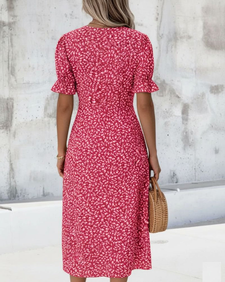 Women's Floral Short-Sleeve Side-Button Wrap Midi Dress