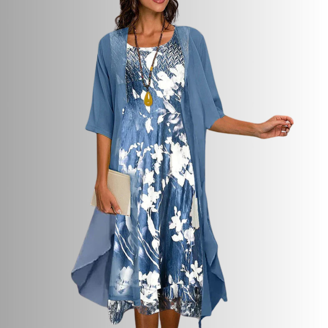 Women's Floral Three-Quarter Sleeve Two-Piece Set - Floral Blue