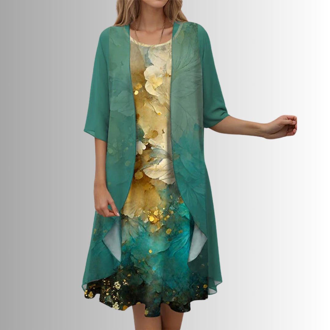Women's Floral Three-Quarter Sleeve Two-Piece Set - Green Pattern