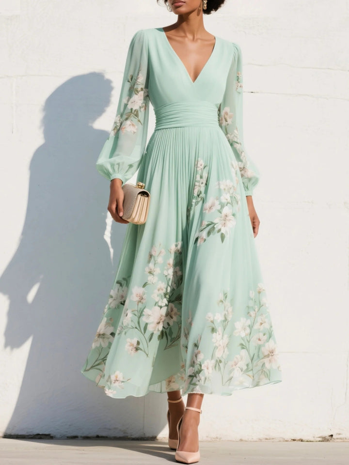 Women's Floral V-Neck Balloon Sleeve Midi Dress - Light Green
