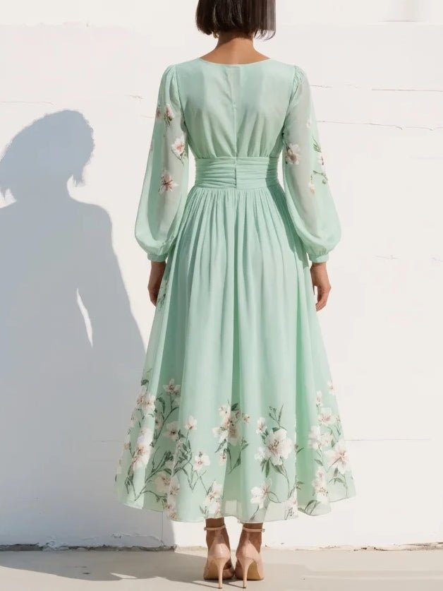 Women's Floral V-Neck Balloon Sleeve Midi Dress