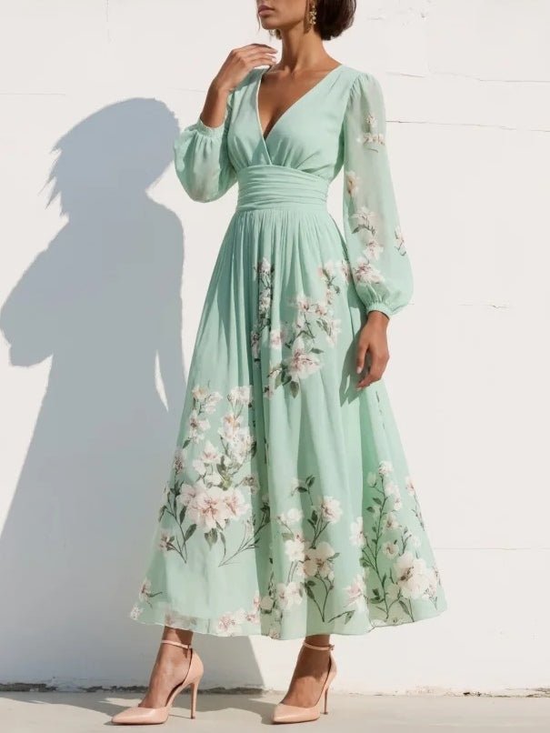 Women's Floral V-Neck Balloon Sleeve Midi Dress