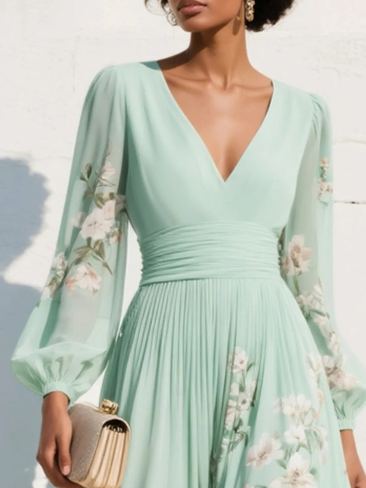Women's Floral V-Neck Balloon Sleeve Midi Dress