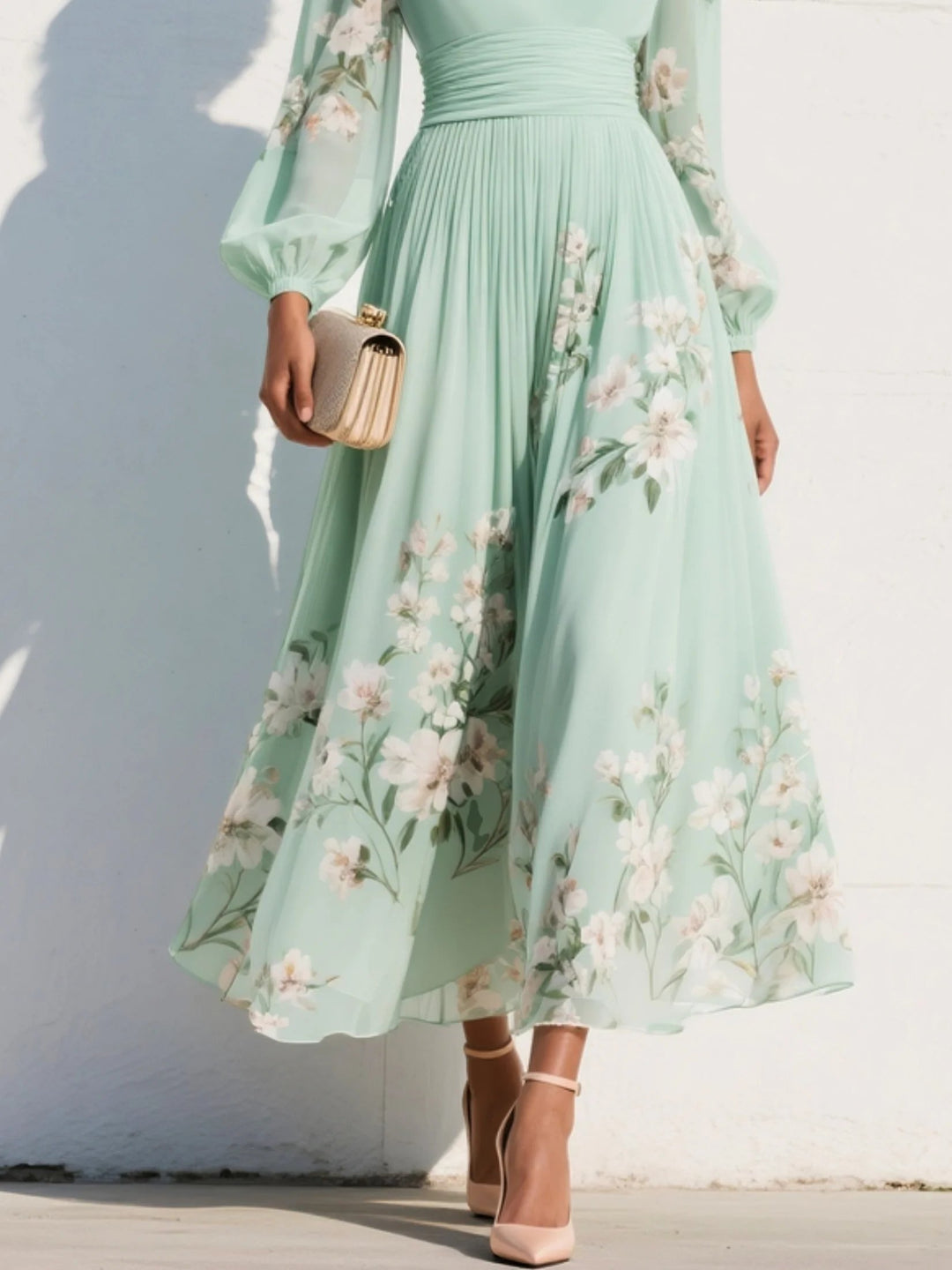 Women's Floral V-Neck Balloon Sleeve Midi Dress