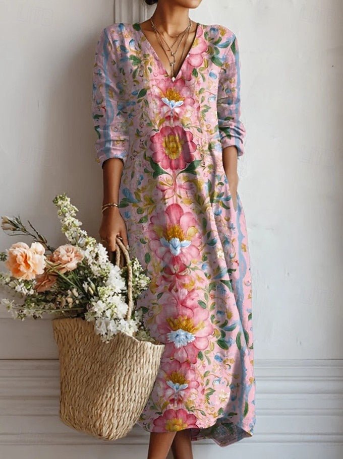 Women's Floral V-Neck Long-Sleeve Midi Dress - Dress (almost sold out)