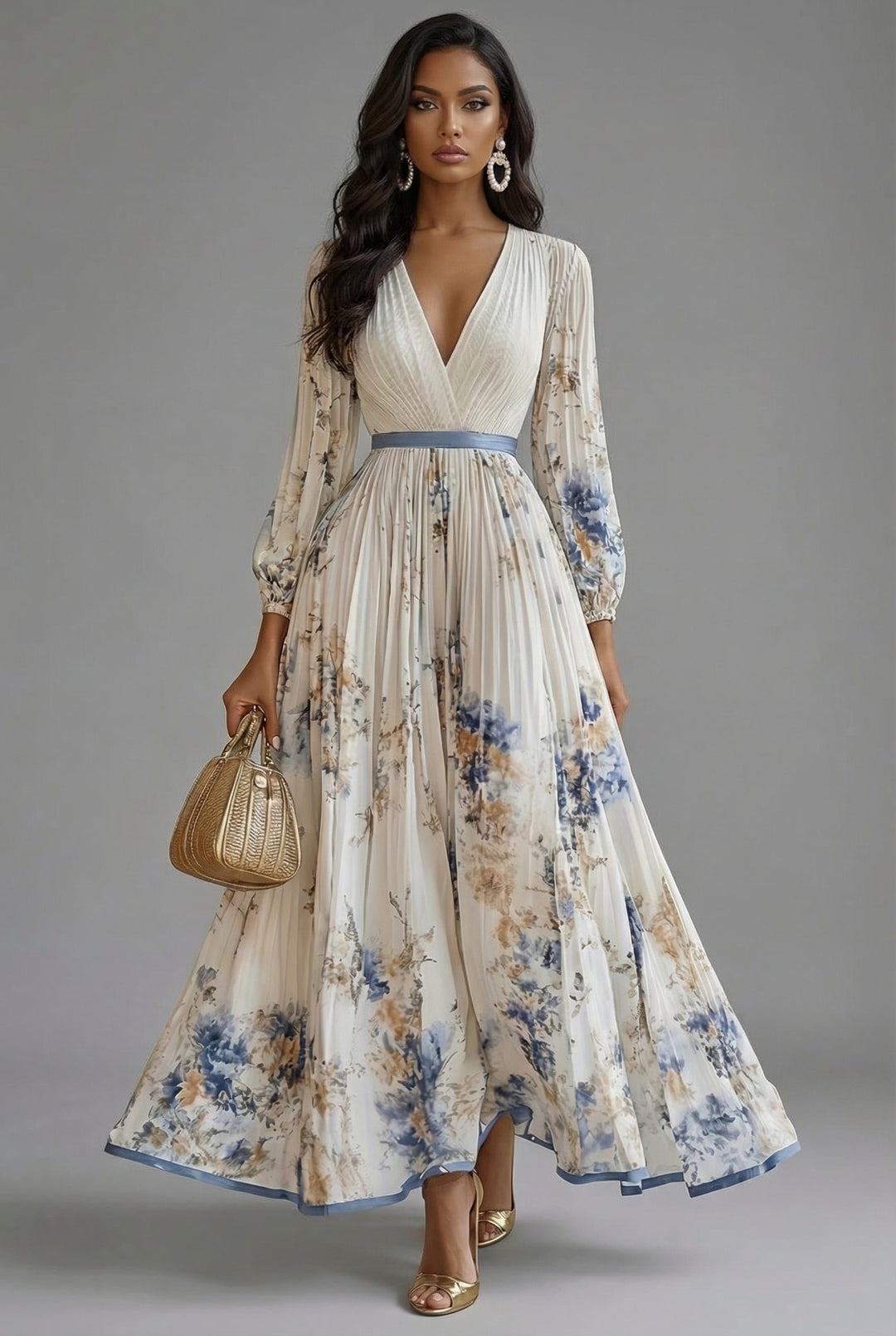 Women's Floral V-Neck Long Sleeve Pleated Maxi Dress - White (5 Left)