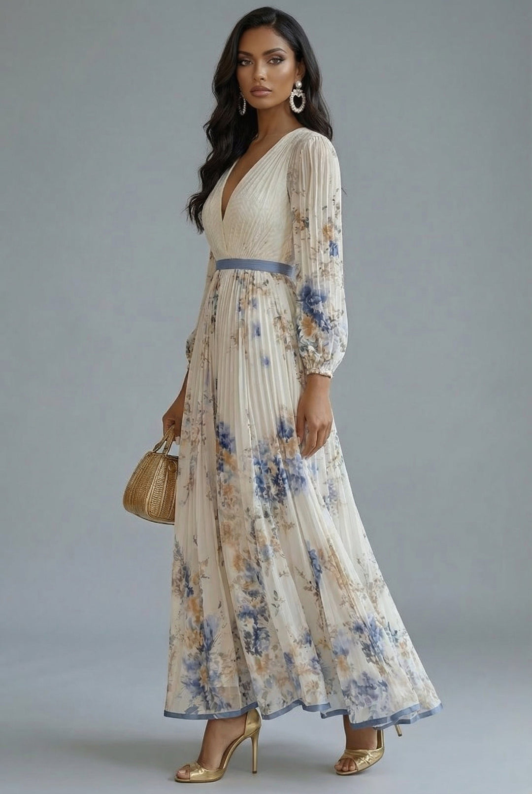 Women's Floral V-Neck Long Sleeve Pleated Maxi Dress