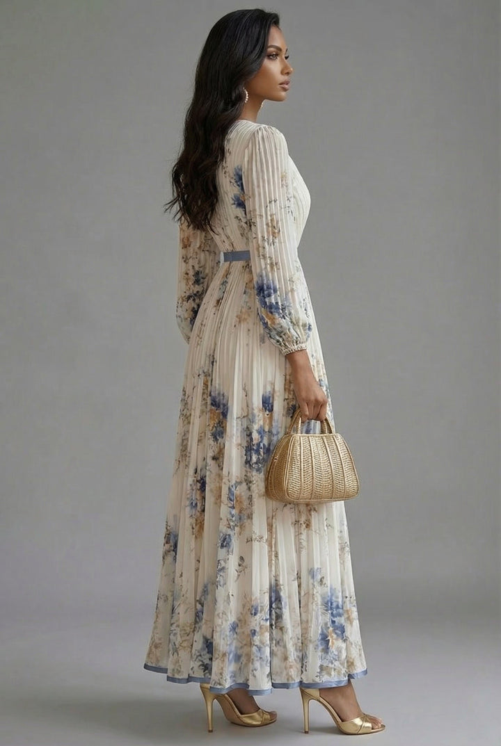 Women's Floral V-Neck Long Sleeve Pleated Maxi Dress