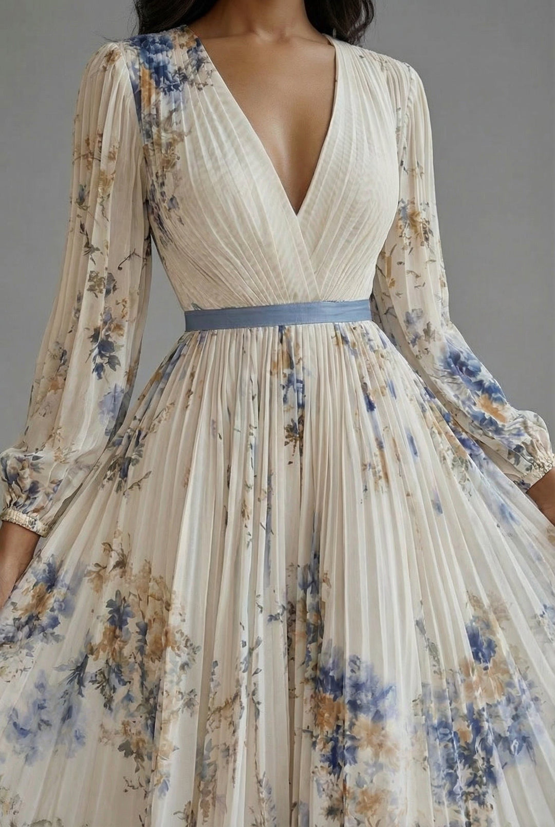 Women's Floral V-Neck Long Sleeve Pleated Maxi Dress