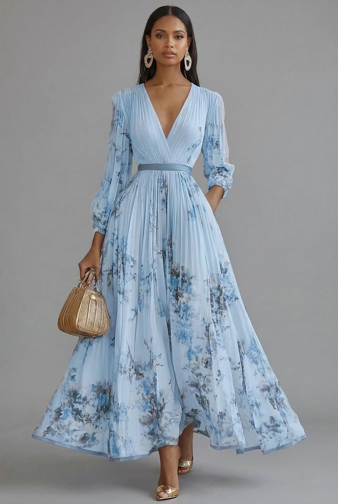 Women's Floral V-Neck Long Sleeve Pleated Maxi Dress - Blue (7 Left)