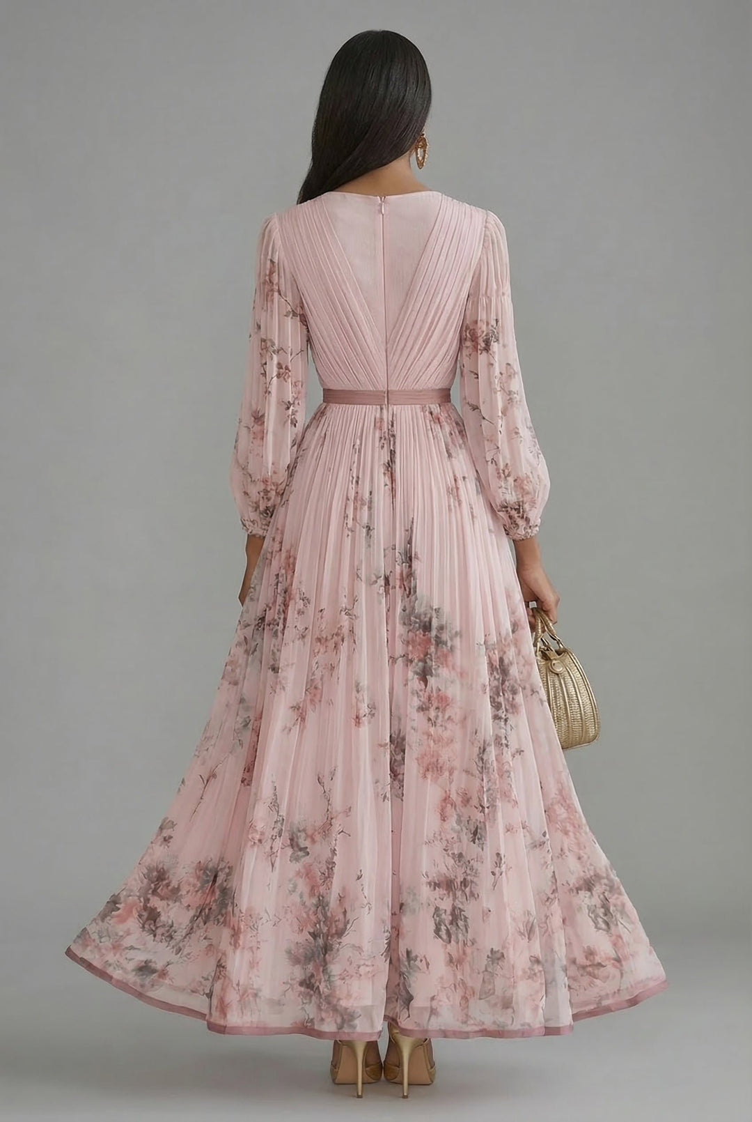 Women's Floral V-Neck Long Sleeve Pleated Maxi Dress