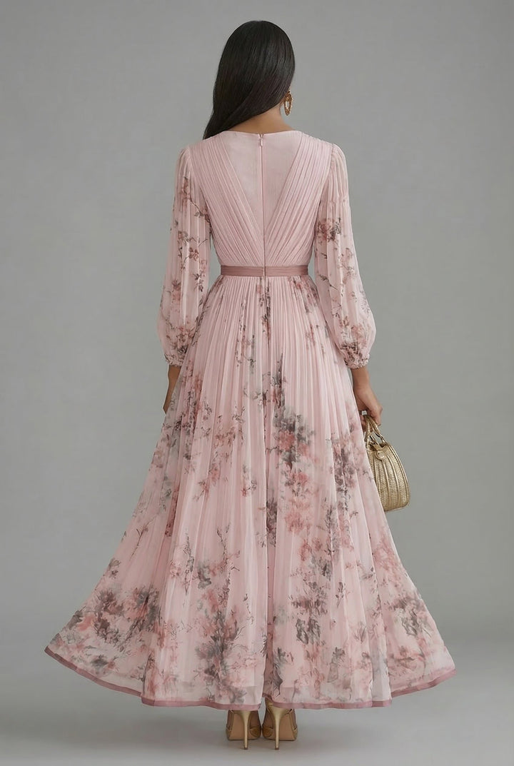 Women's Floral V-Neck Long Sleeve Pleated Maxi Dress