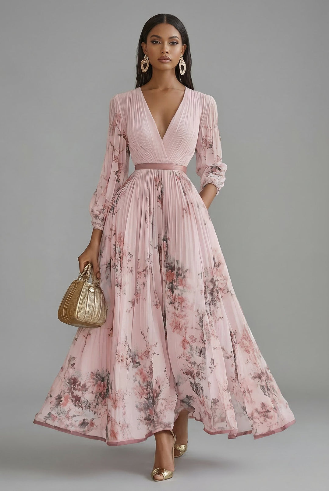 Women's Floral V-Neck Long Sleeve Pleated Maxi Dress - Pink (5 Left)
