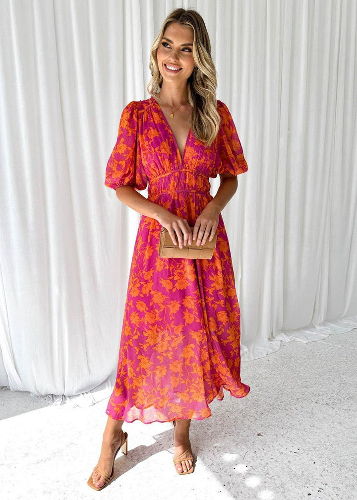 Women's Floral V-Neck Puff-Sleeve Midi Dress - Roze-Oranje