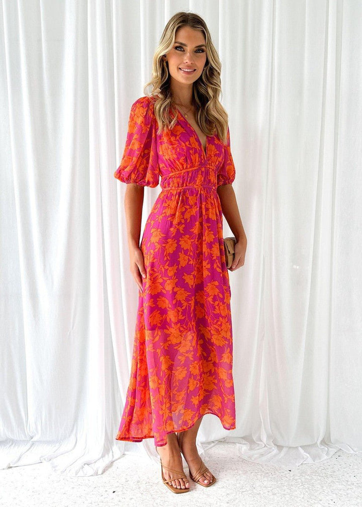 Women's Floral V-Neck Puff-Sleeve Midi Dress