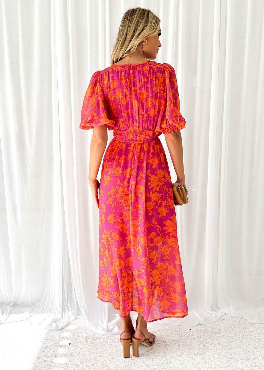 Women's Floral V-Neck Puff-Sleeve Midi Dress
