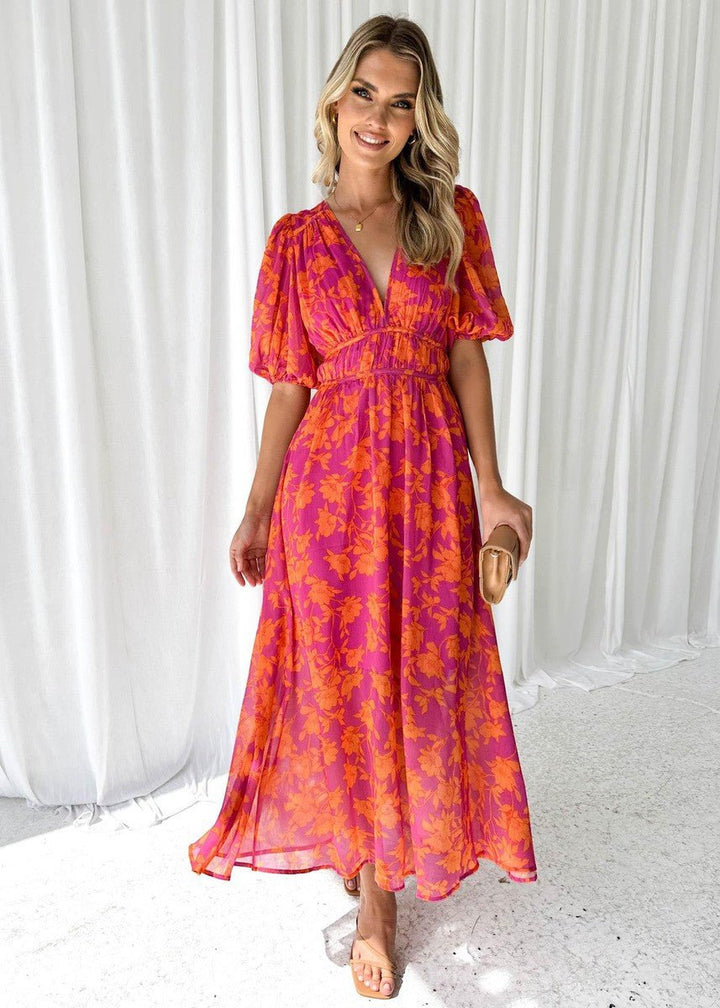 Women's Floral V-Neck Puff-Sleeve Midi Dress