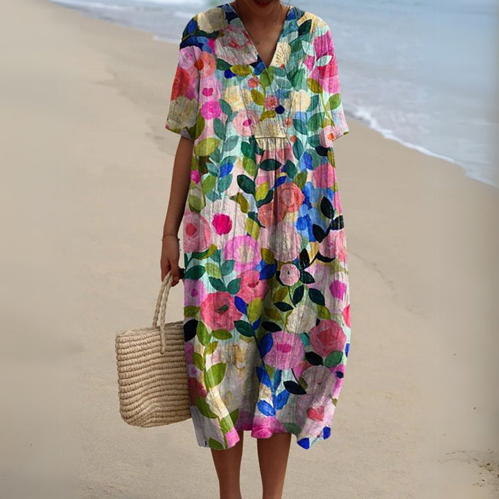 Women's Floral V-Neck Short Sleeve Midi Dress - Flower 1