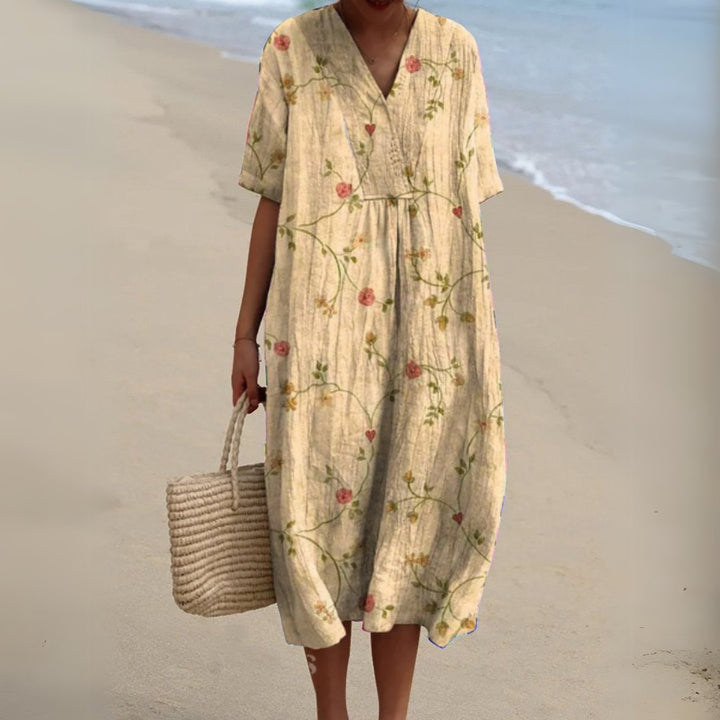 Women's Floral V-Neck Short Sleeve Midi Dress - Flower 10