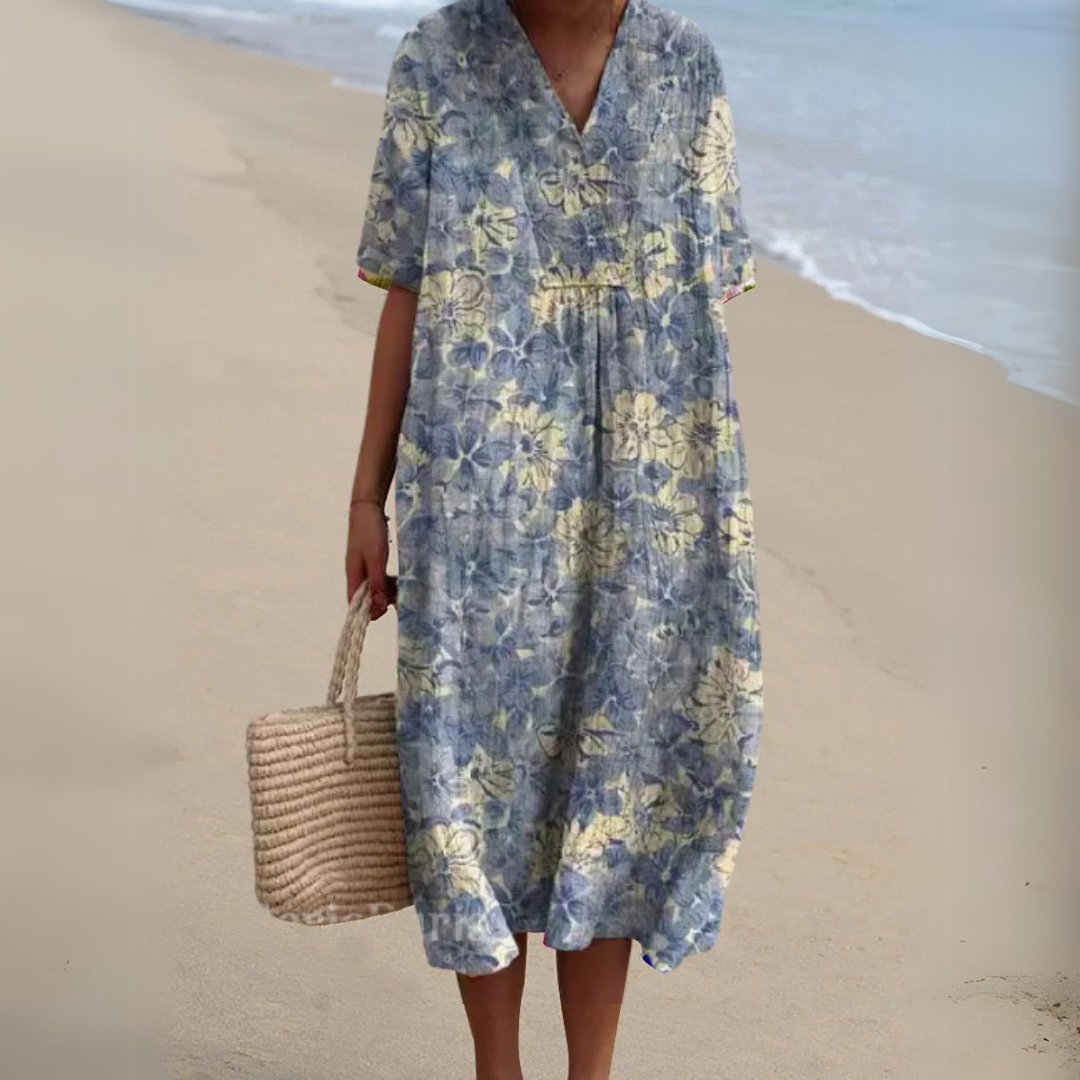 Women's Floral V-Neck Short Sleeve Midi Dress - Flower 11