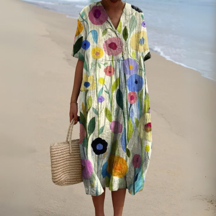 Women's Floral V-Neck Short Sleeve Midi Dress - Flower 12